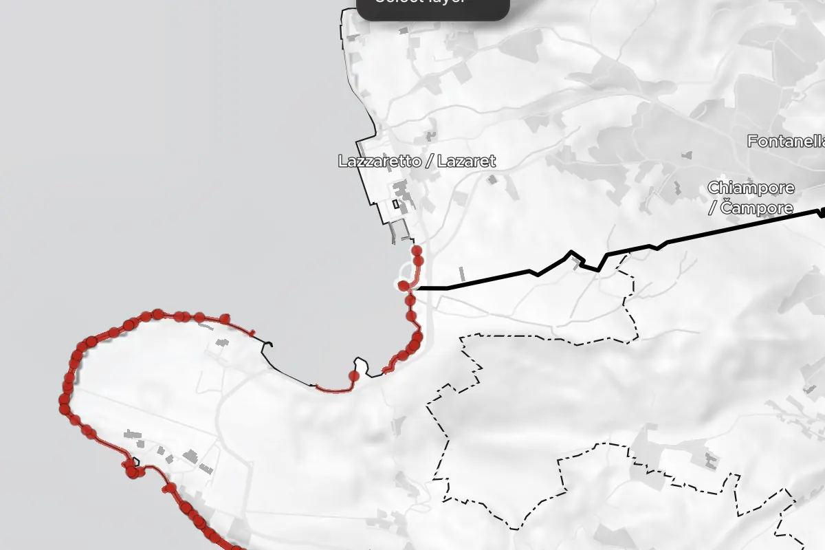 The stretch at Lazzaretto just north of the national border, highlighted