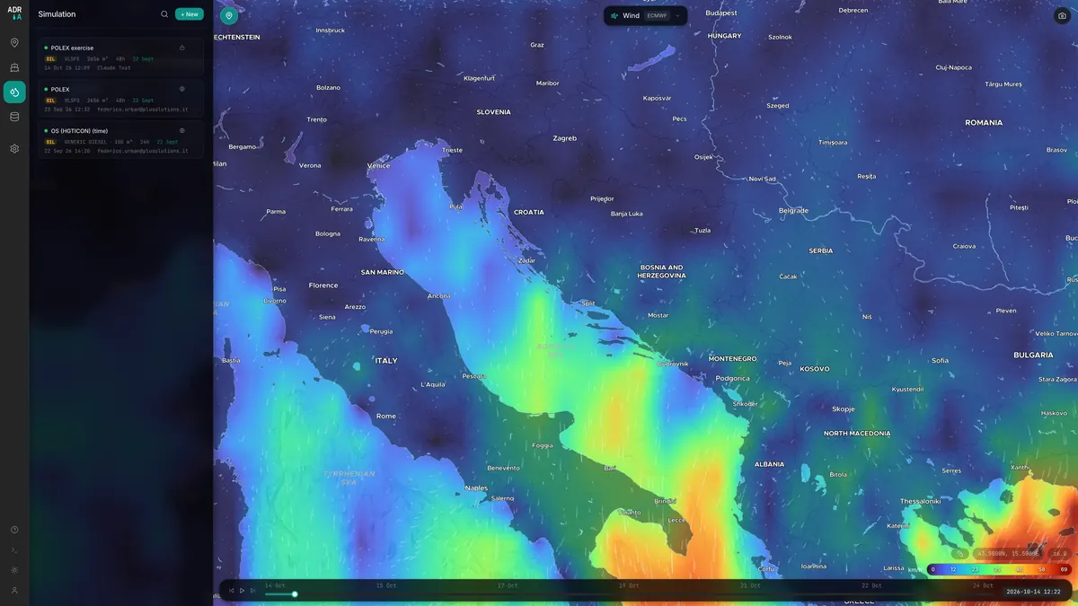 ADRIA simulation panel over a live wind map of the Adriatic